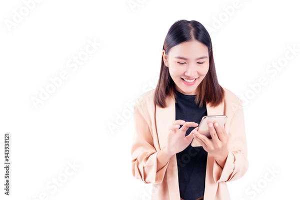 Fototapeta Smilling happy young asian business woman using mobile phone Young lady using smartphone for shopping online chat and texting message