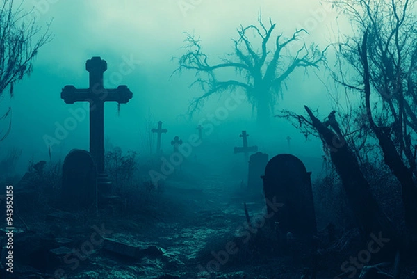 Fototapeta creepy graveyard at twilight, with ancient tombstones, fog rolling in, and twisted, barren trees Halloween