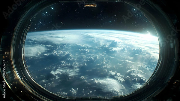 Obraz View of Earth through a spaceship window, with clouds, moon, and stars.