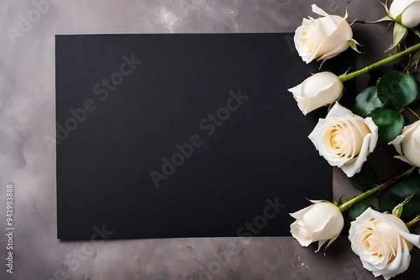 Fototapeta Blank condolence card, sympathy card, memorial card, greeting card with fresh Roses on the dark and neutral background floral concept. Empty place for a text.