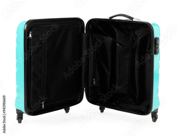 Fototapeta One open light blue suitcase isolated on white