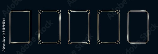 Fototapeta Golden Frames Set. Thin Line Gold Borders Luxury Minimalist Collection. Premium Vector Brass Outline Geometric Rectangles. Linear Decorative Banners with Black Background Isolated