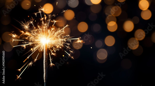 Fototapeta Sparkler that is lit up in the dark. Celebrations sparkler with night lights. A sparkler is lit