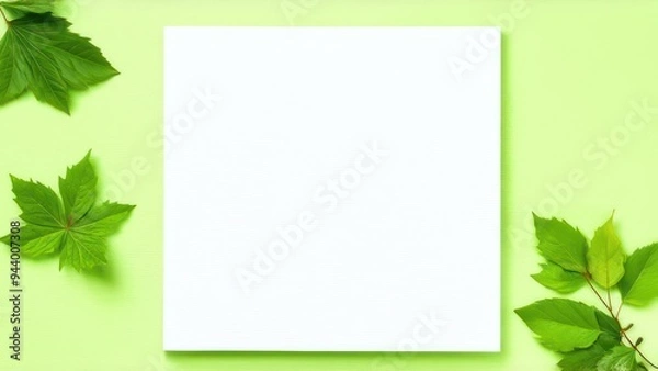 Obraz White sheet of paper on a light green background with spring leaves and flowers