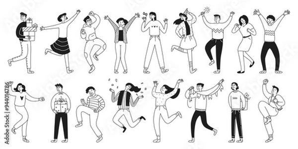 Fototapeta Big set of celebrating people. Collection with joyful jumping men and women celebrating an event or ceremony. Outline, line. Vector doodle illustration