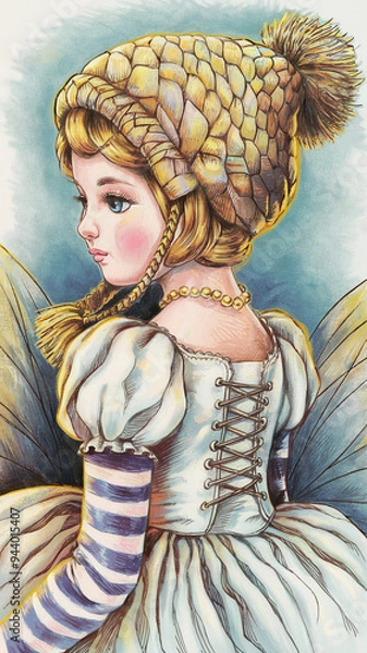 Fototapeta tilda doll in a knitted hat with a pompom, striped leg warmers, illustration, colored ink, gold + black outline fairy tale backlight cute beautiful