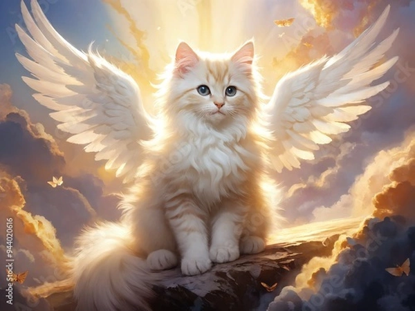 Fototapeta Enchanting winged cat surrounded by soft clouds and dazzling light at twilight