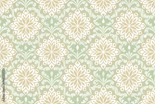 Fototapeta Elegant Floral Damask Pattern: Intricate green and white floral design, perfect for wallpaper, textile, or stationery. This elegant pattern adds a touch of sophistication to any project.