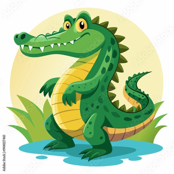 Obraz Cartoon Alligator Standing In Water With Green Grass