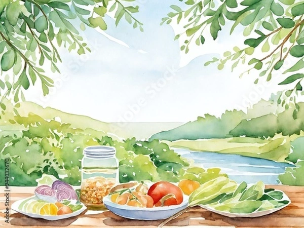 Fototapeta A colorful assortment of fresh vegetables and fruits on a wooden table overlooking a lush landscape under a clear sky