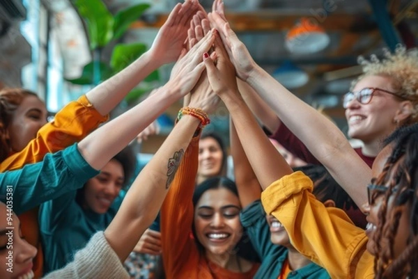 Fototapeta A group of women are high fiving each other in a circle