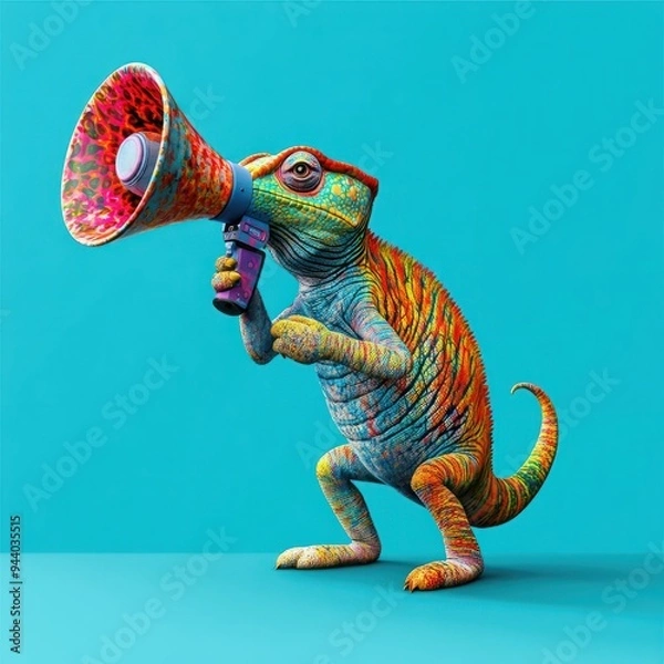 Obraz Chameleon holding megaphone. Promotion, action, holiday, ad, job questions. Vacancy. Business discount concept, communication, information, news, team media