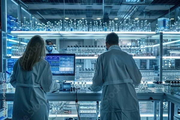 Fototapeta Two scientists are working in a lab, one of them is wearing a mask