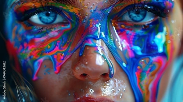 Fototapeta A close-up of a face adorned with colorful, fluid paint, creating a vibrant artistic effect.