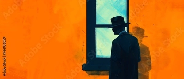 Fototapeta Mysterious Silhouette of a Man in Hat by a Window on Vibrant Orange Background. Generative AI