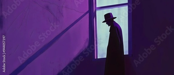 Fototapeta Mysterious Silhouette of a Man in Hat by the Window - Atmospheric Digital Art. Generative AI