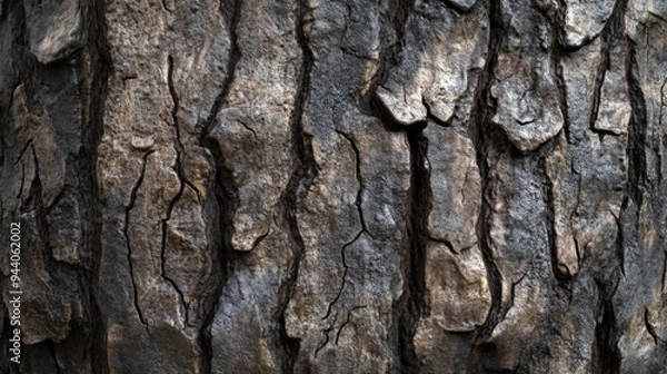 Fototapeta Close up view rugged texture of tree bark, ideal for nature themed design projects and backgrounds