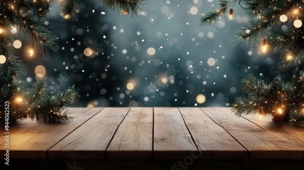 Fototapeta Winter Christmas product display template with empty wooden table fir branches and lights. Mockup image
