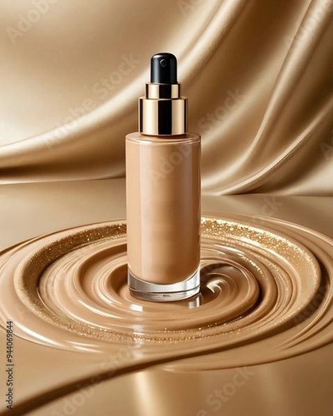 Obraz Makeup foundation bottle on a swirl of liquid foundation.