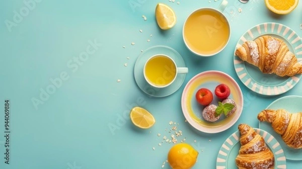 Fototapeta A delightful image of croissants and orange juice arranged on pastel blue plates and background, accented with whole and sliced citrus fruits, capturing a fresh and inviting breakfast.