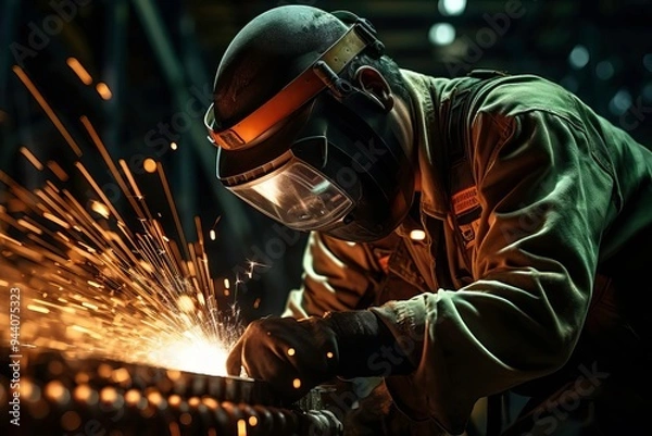 Fototapeta An intense moment of a welder creating sparks in a dimly lit workshop, showcasing craftsmanship and industrial skill.
