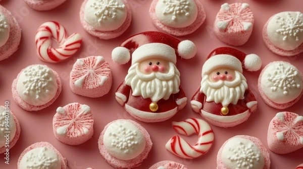Fototapeta festive banner featuring tiny chocolate santas, reindeer marshmallows, and candy cane backdrop, perfect for holiday sweets inspiration