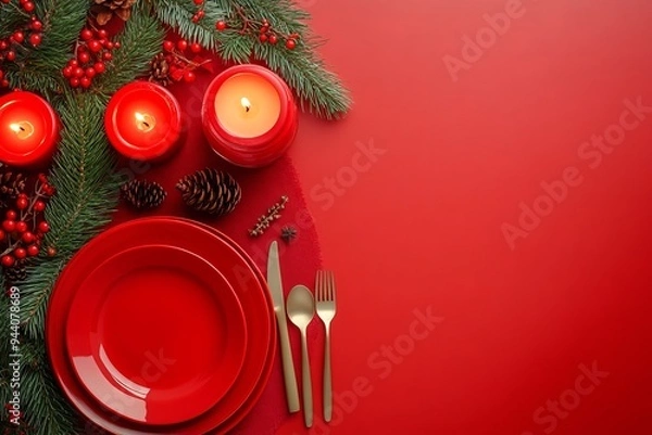 Fototapeta Red plates and silverware are displayed on a Christmas table setting created with Stock technology