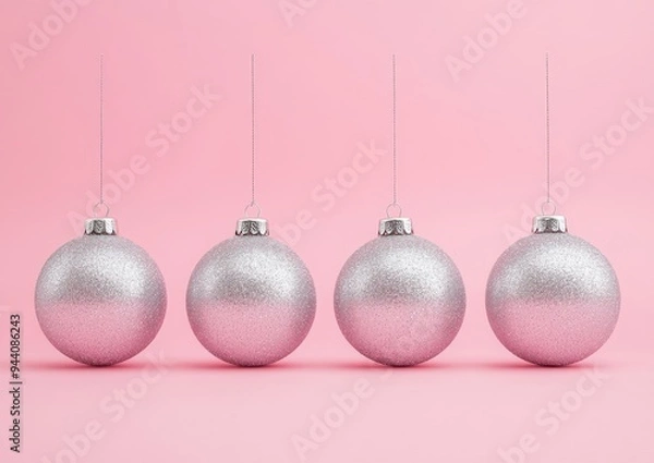 Fototapeta The decoration of Christmas baubles arranged on pink background in a studio for the holiday season can be seen from above