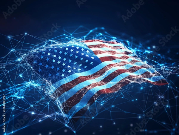 Obraz   Abstract technological digital USA flag, template background , technology interconnection with the globe 