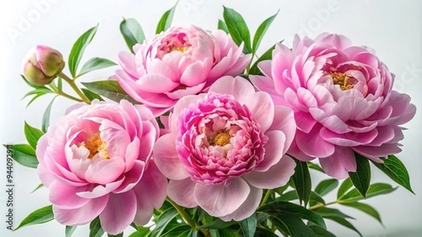 Fototapeta Delicate pink peony blooms with lush green foliage posed elegantly on a crisp white background, showcasing nature's vibrant beauty in perfect still life composition.
