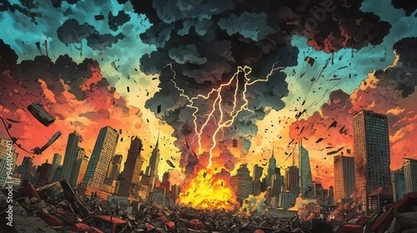 Obraz A city in ruins with a fiery explosion and lightning bolts in the sky.