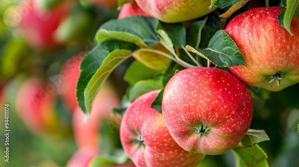 Fototapeta Red apples hanging on tree branches copy space background
