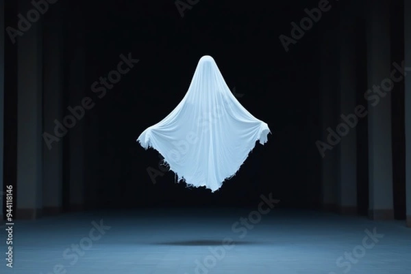 Fototapeta Eerie floating white sheet ghost in dark hallway. Haunting Halloween spirit, creepy and mysterious atmosphere, spectral presence in the shadows.