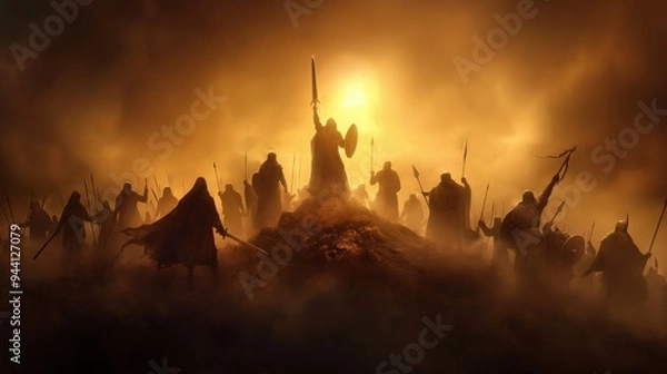 Fototapeta Silhouettes of armed warriors gather on a barren landscape as the sun sets, creating a dramatic atmosphere filled with tension and anticipation for an impending battle