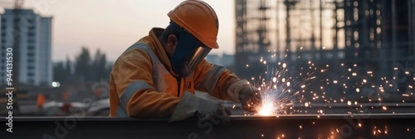 Fototapeta Worker in orange safety jacket and hard hat, welding steel structure, creating bright sparks, on an urban site.