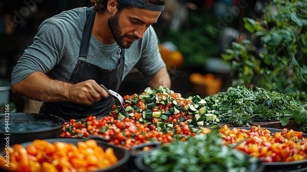 Obraz Chef preparing a salad with fresh vegetables at the market