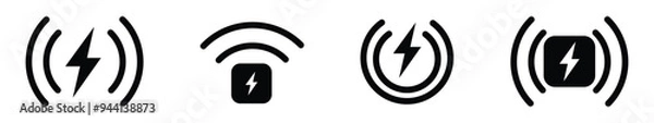 Fototapeta Wireless charger icons. Wireless charging battery. Battery charge sign with lightning and waves. Electromagnetic charger icons. Vector illustration.