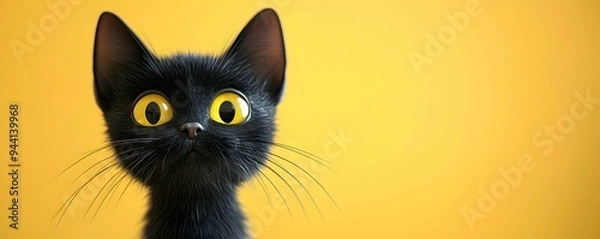 Fototapeta Cute Black Cat with Big Yellow Eyes Looking Curious on Yellow Background
