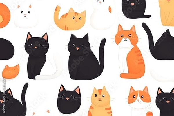 Fototapeta Cute Cat Pattern with Orange and Black Feline Illustrations