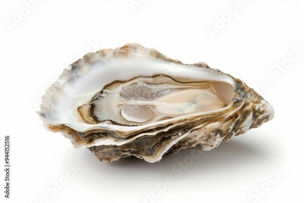 Fototapeta A stunning open oyster rests gracefully on a smooth surface. Its unique shell showcases natural beauty and intricate patterns. Perfect for food and nature themes. Generative AI