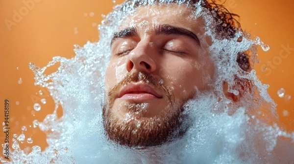 Fototapeta Man with closed eyes submerged in water with splashing droplets
