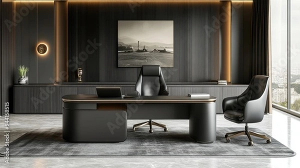 Fototapeta luxury office decor, sophisticated office space featuring stylish desks and designer furniture, showcasing luxurious modern interior design for a high-end workspace