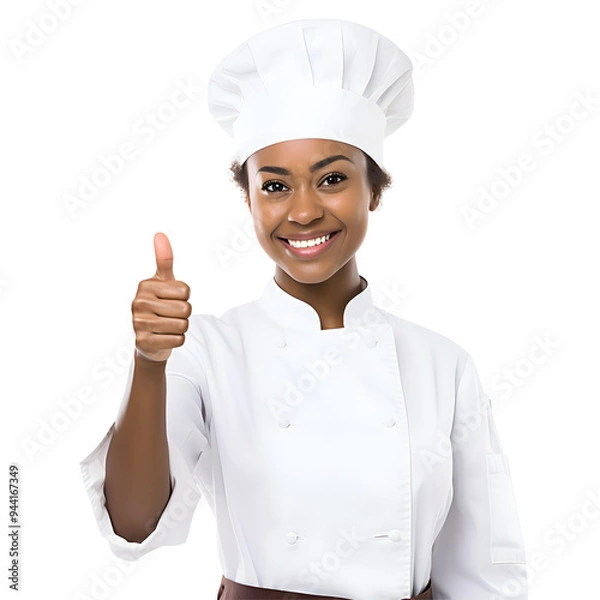 Fototapeta Cheerful mature Afro American cook woman posing holding a cake and smiling at camera, chef in an apron png format on transparent background Fictional Person, Generative AI
