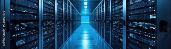 Fototapeta Data management in a modern server room with rows of network storage equipment