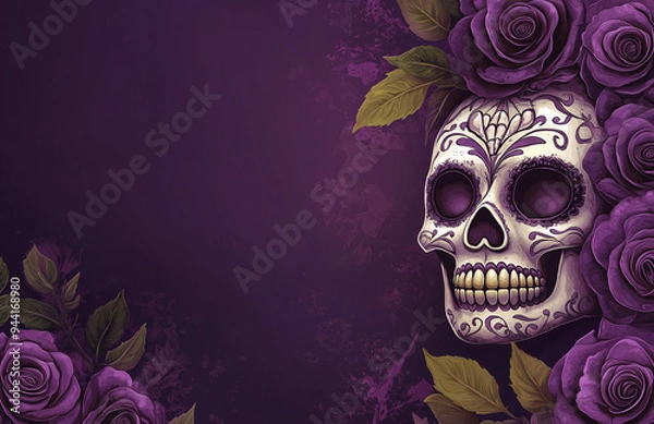 Fototapeta Sugar skull and purple roses on a dark background with copy space