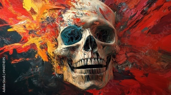 Fototapeta A Skull Emerging from Abstract Red and Yellow Paint