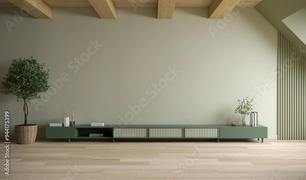 Obraz TV cabinets & wall mount units design ,mid century A stylish and cozy relaxing room , soft green wall mockup  and dark green cabinate ,3d render