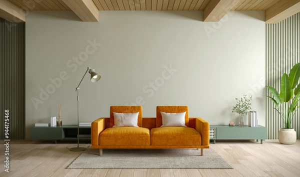 Obraz Scandinavian featuring  cozy living room simplicity and style, have new orange sofa with soft green wall mockup with wooden cabinet and wood floor parquet, 3d render