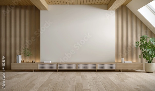 Obraz Wall Mounted TV cabinet ,mid century A stylish and cozy relaxing room under the roof, soft green wall mockup  and wood floor on ,3d render