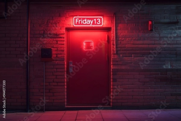 Fototapeta Mysterious Red Neon Sign Above Doorway Marking Friday the 13th on a Dark Night